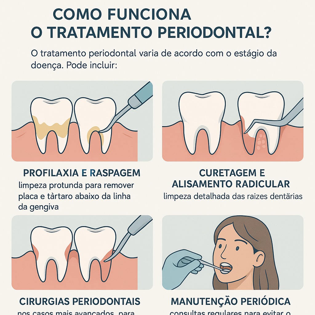 Ilustração explicativa mostrando como funciona o tratamento periodontal: raspagem, curetagem, cirurgias e manutenção com especialista em periodontia