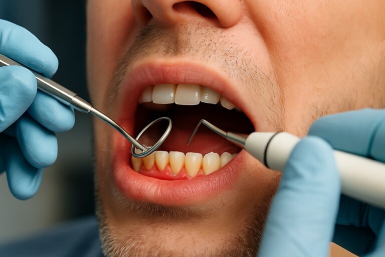 Dentista realizando raspagem periodontal com instrumentos odontológicos em paciente — tratamento gengival