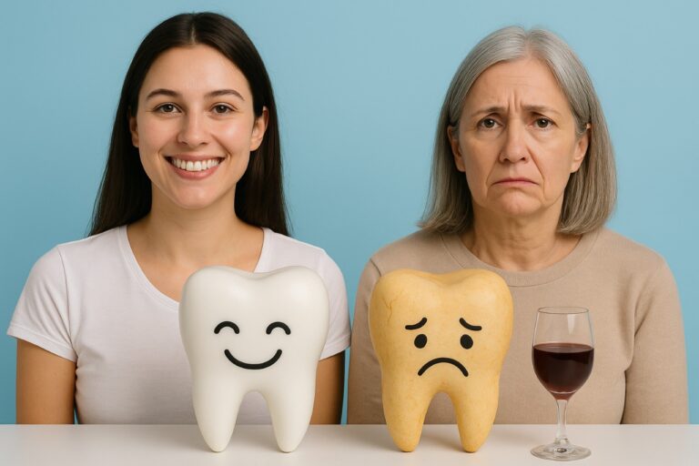 Dentes saudáveis e danificados pelos efeitos do cigarro e álcool comparados em foto educativa odontológica