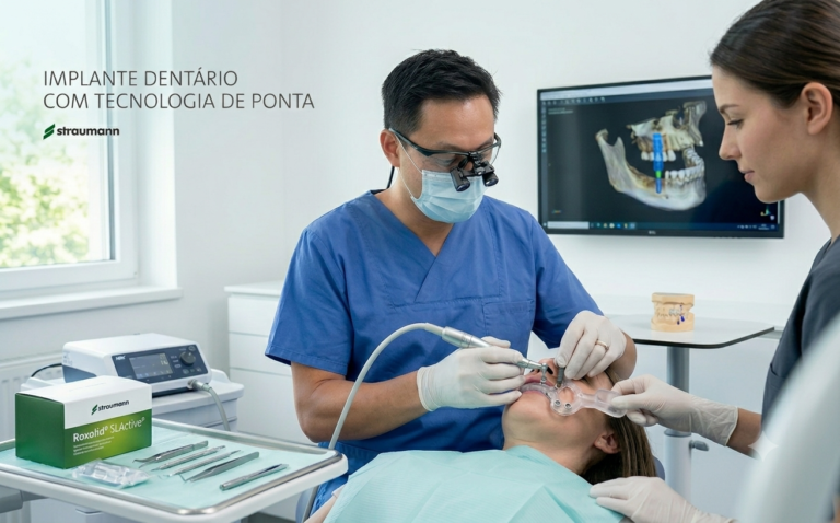Dentista realiza procedimento de implante dentário. Texto: Implante dentário com tecnologia de ponta. Logo Straumann